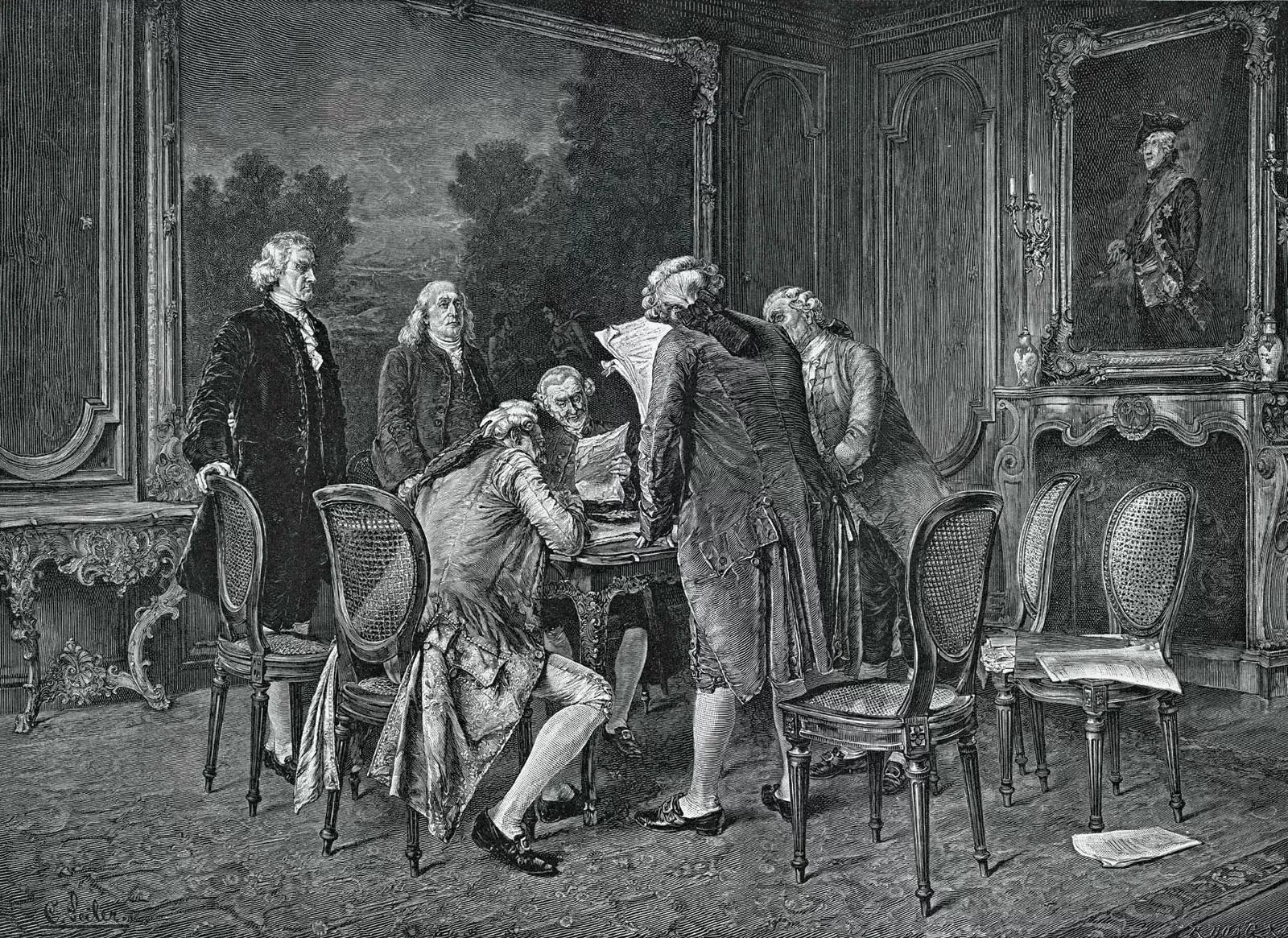 A group of men in old-fashioned clothes are gathered around a table, looking at and discussing papers in a fancy room.