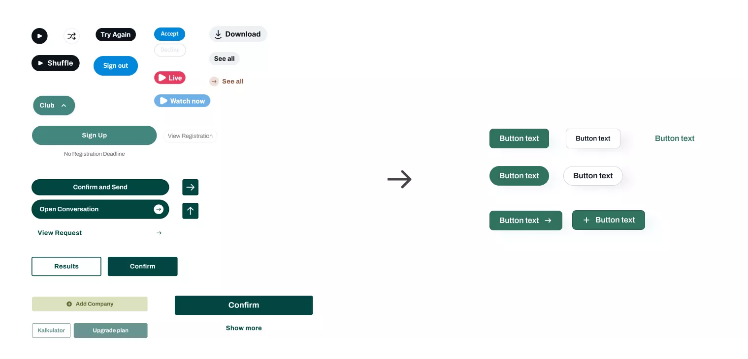 Various styles of buttons with different text and icons are displayed, showing design options for a user interface.