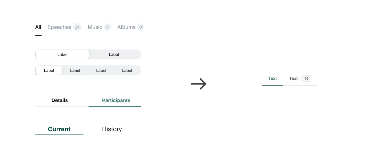 Various UI elements like tabs, labels, and section headings are displayed, illustrating different design options for a user interface.