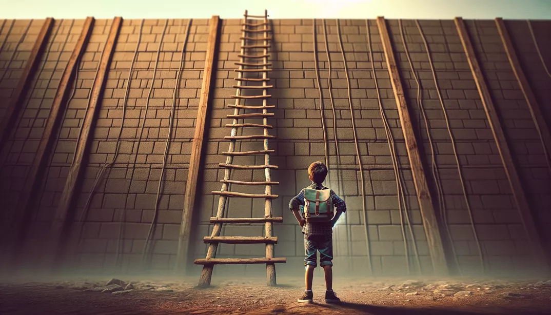 A boy stands at the base of a tall wall, looking up at a long wooden ladder leading to the top.