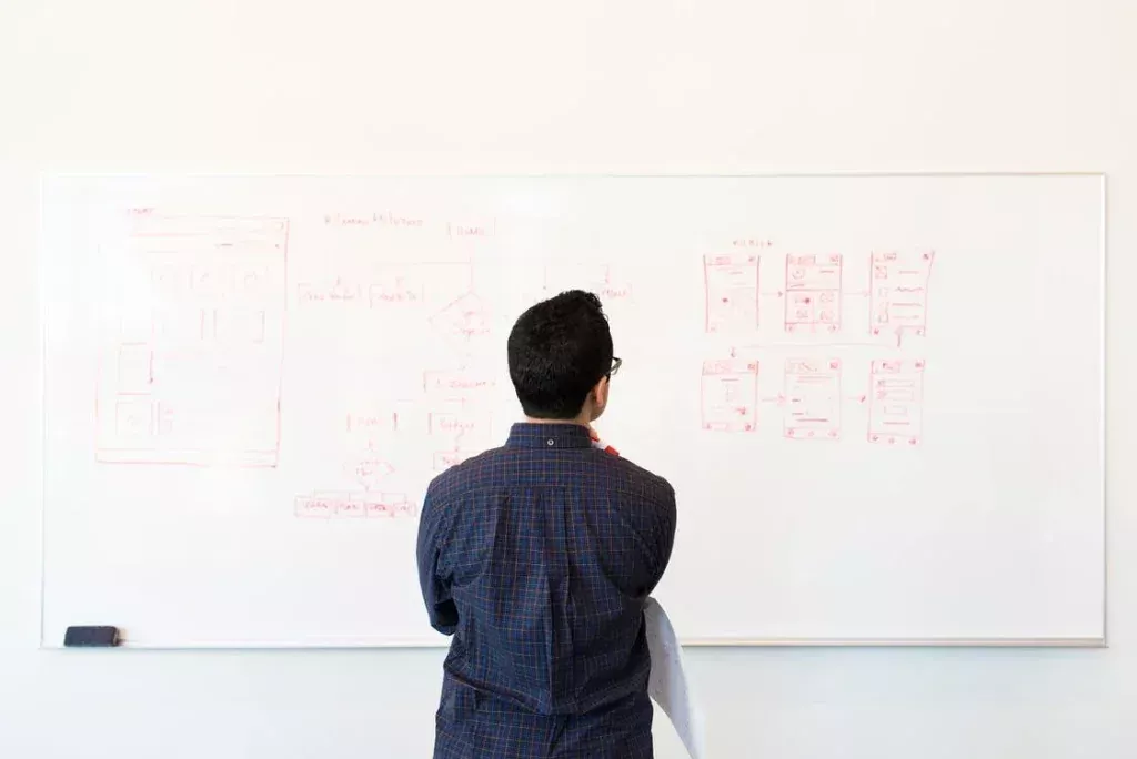 A person stands in front of a whiteboard filled with UI/UX design sketches and diagrams, analyzing or planning their project.