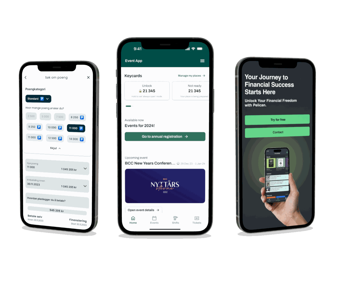 Three mobile app mockups showing case study screens