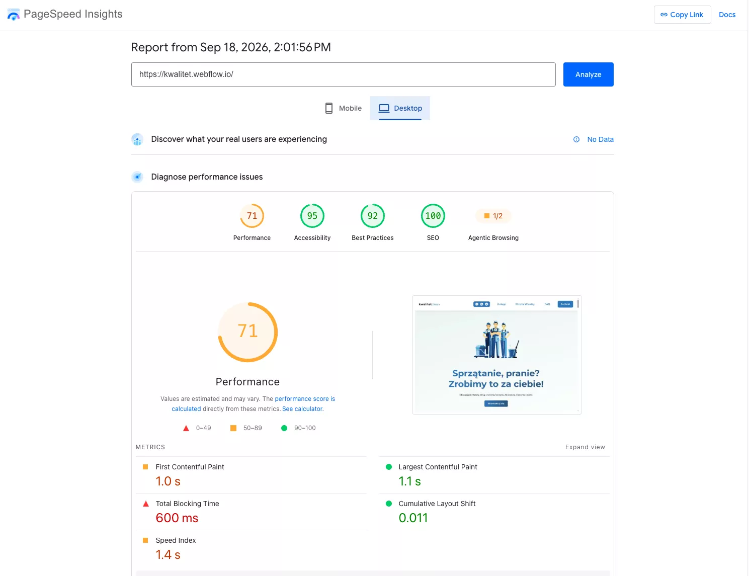 PageSpeed Insights desktop report for the Webflow site: 71 performance