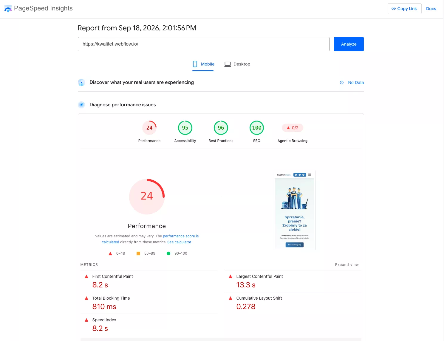 PageSpeed Insights mobile report for the Webflow site: 24 performance