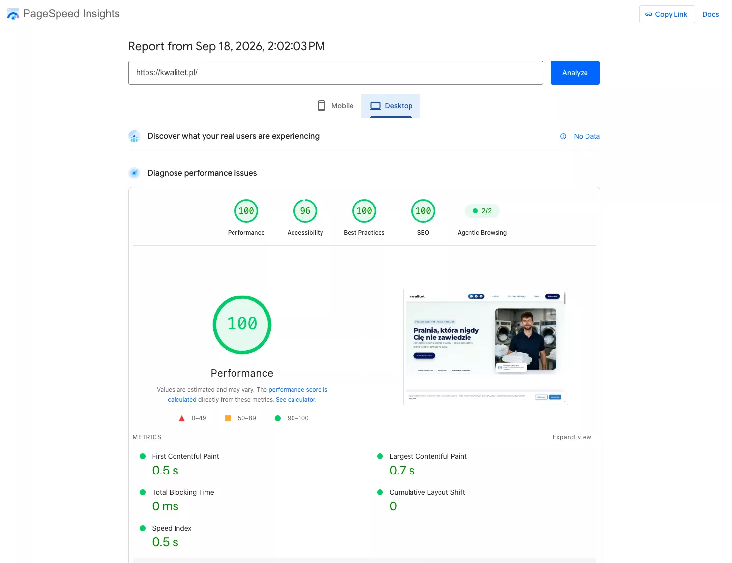 PageSpeed Insights desktop report for the Astro + CMS site: 100 performance