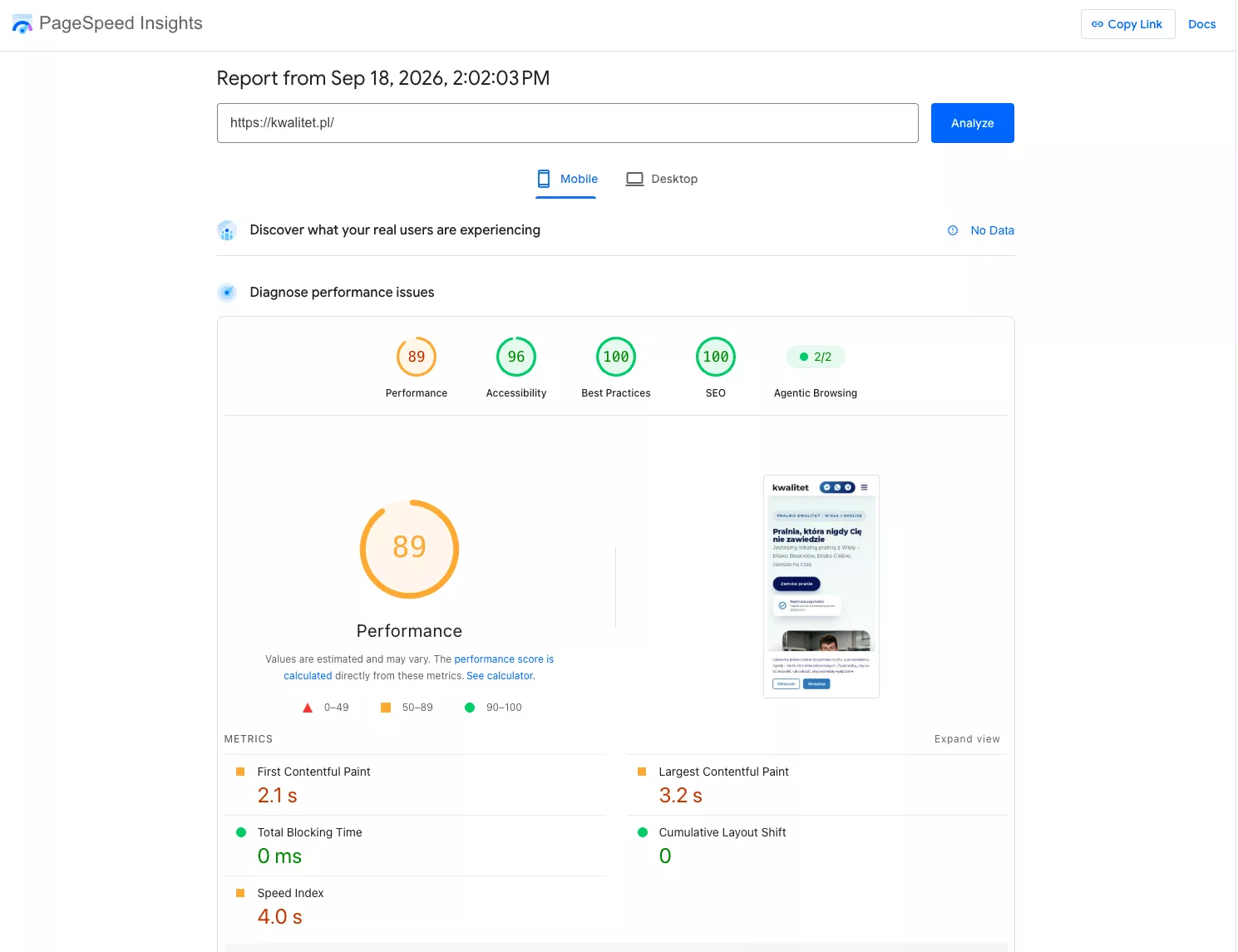 PageSpeed Insights mobile report for the Astro + CMS site: 89 performance