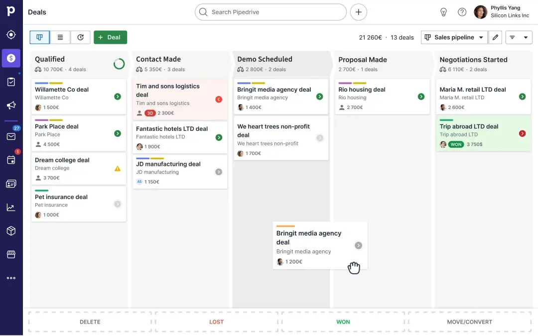 Widok transakcji w Pipedrive