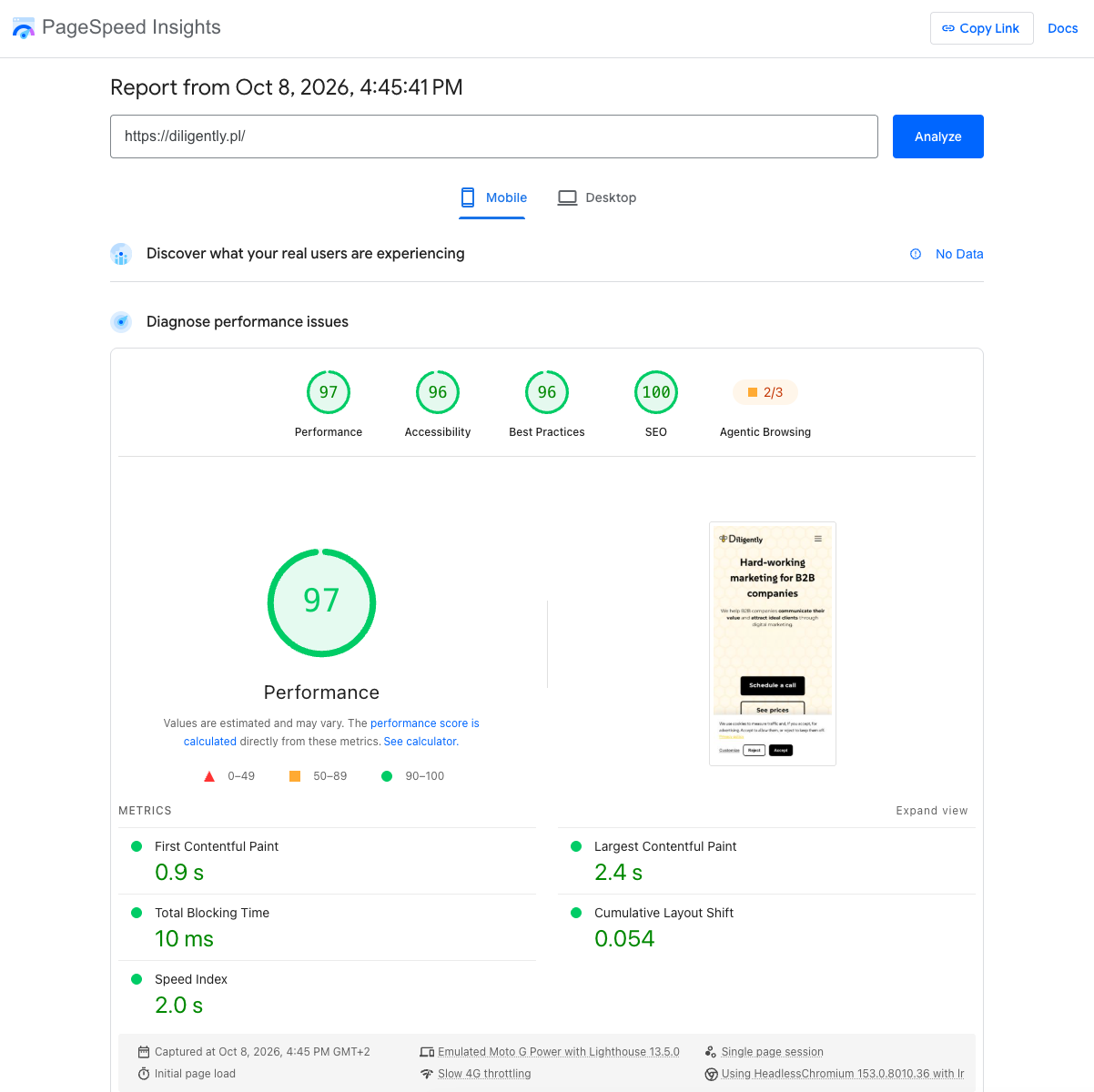 PageSpeed Insights-rapport for diligently.pl på mobil: ytelse 97, tilgjengelighet 96, beste praksis 96, SEO 100, Agentic Browsing 2/3