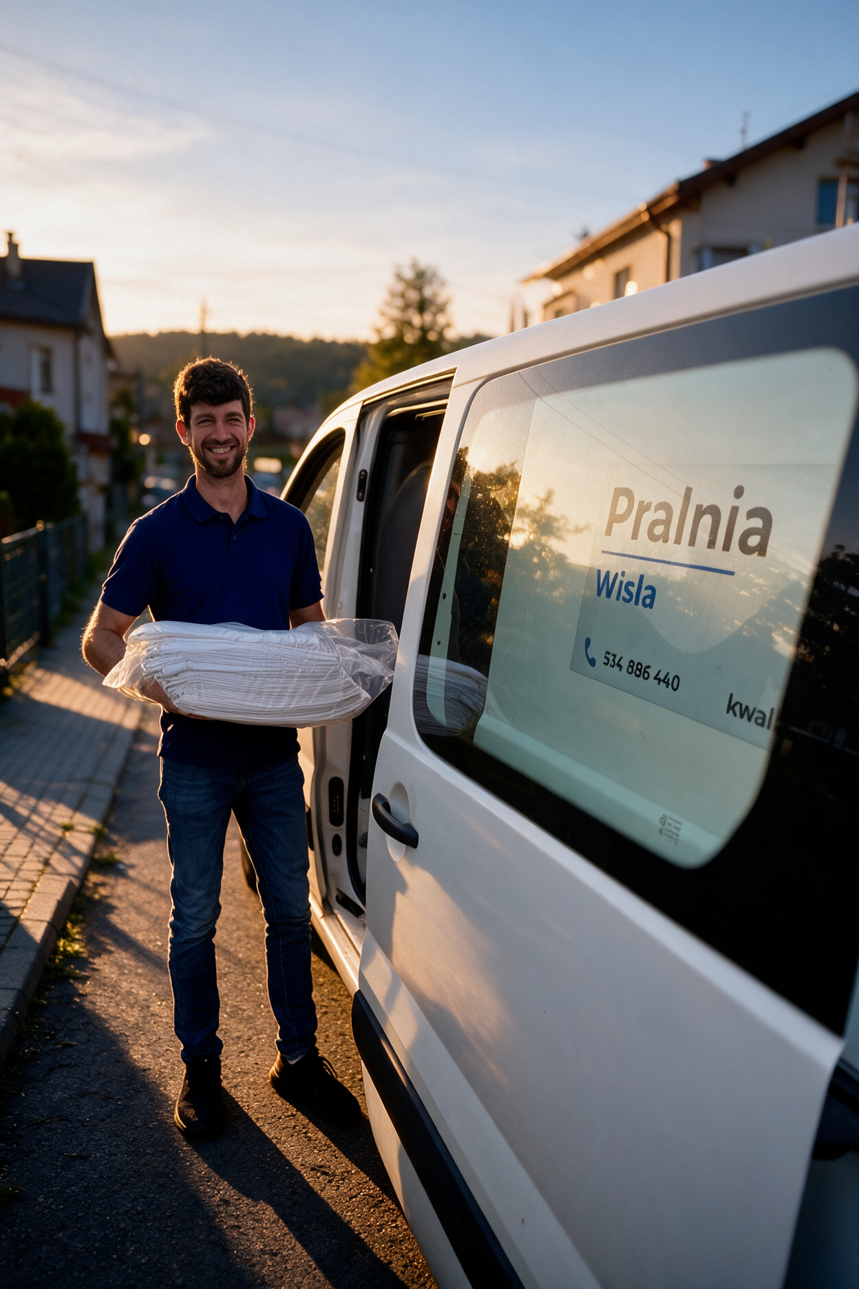 Jonatan z pralni Kwalitet z świeżo wypranymi tekstyliami przy busie w Wiśle