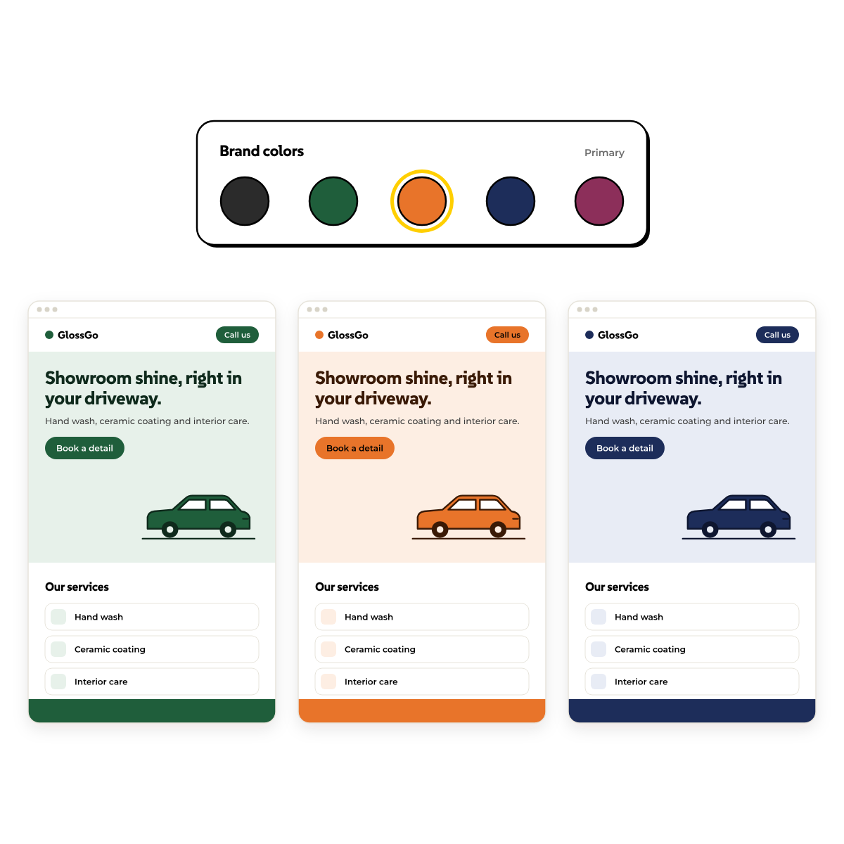 Ta sama strona w trzech paletach marki, zielonej, pomarańczowej i granatowej, wybranych w selektorze kolorów Bee CMS