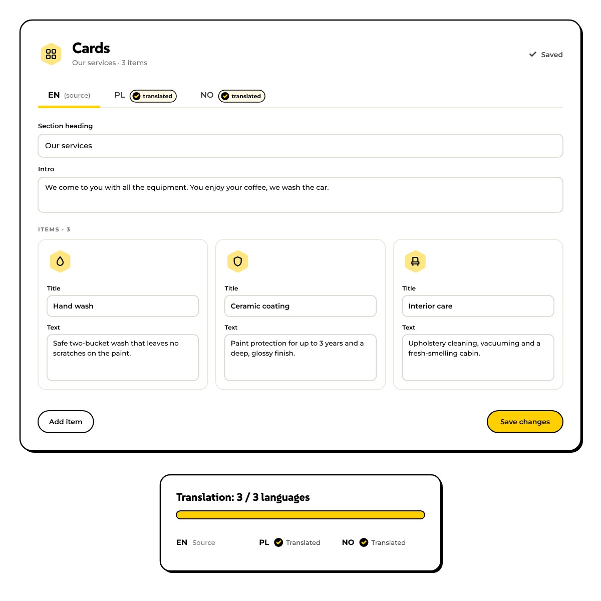 Cards-blokken i Bee CMS med språkfanene EN, PL og NO og et panel som viser oversættelsesfremdrift