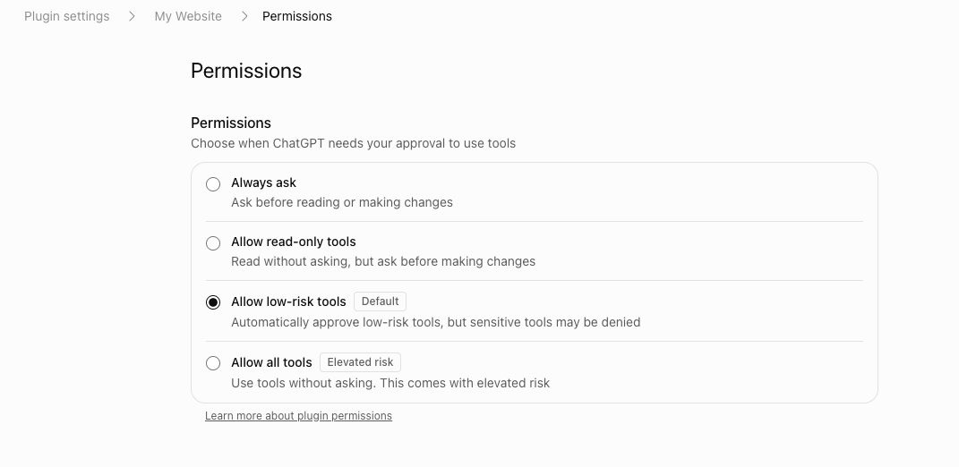 Plugin Permissions settings with four options; Allow low-risk tools is the default