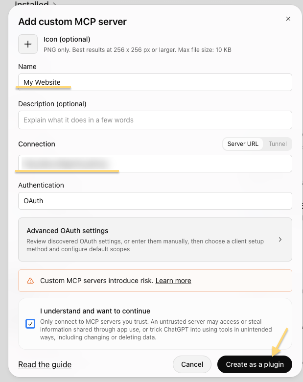 Formularz Add custom MCP server z wpisaną nazwą, adresem i OAuth
