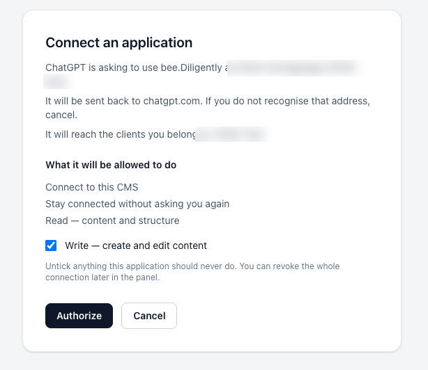 Ekran Connect an application z zaznaczonym Write i przyciskiem Authorize