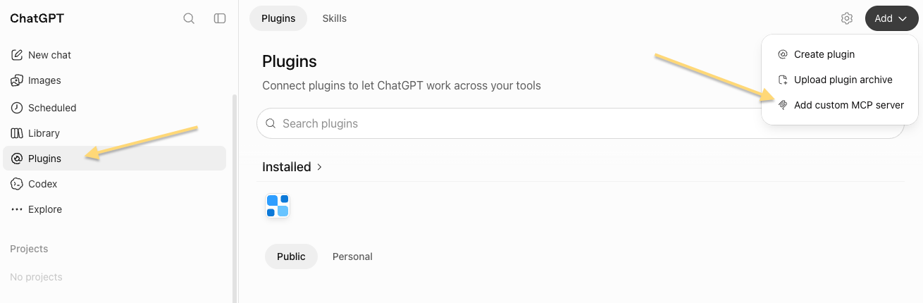 ChatGPT: Plugins i venstremenyen, og Add → Add custom MCP server