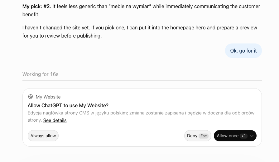 ChatGPT spør: Allow ChatGPT to use My Website? med Always allow, Deny og Allow once
