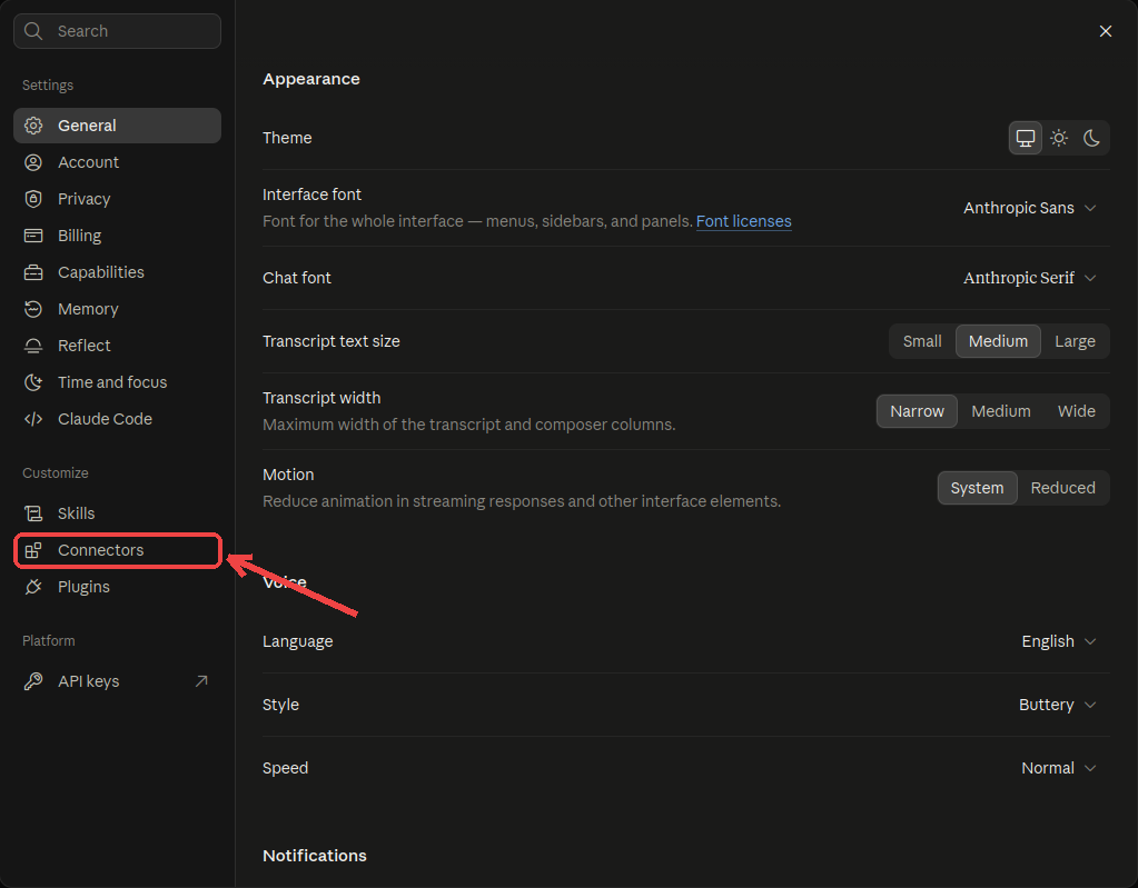 Claude settings with Connectors in the menu