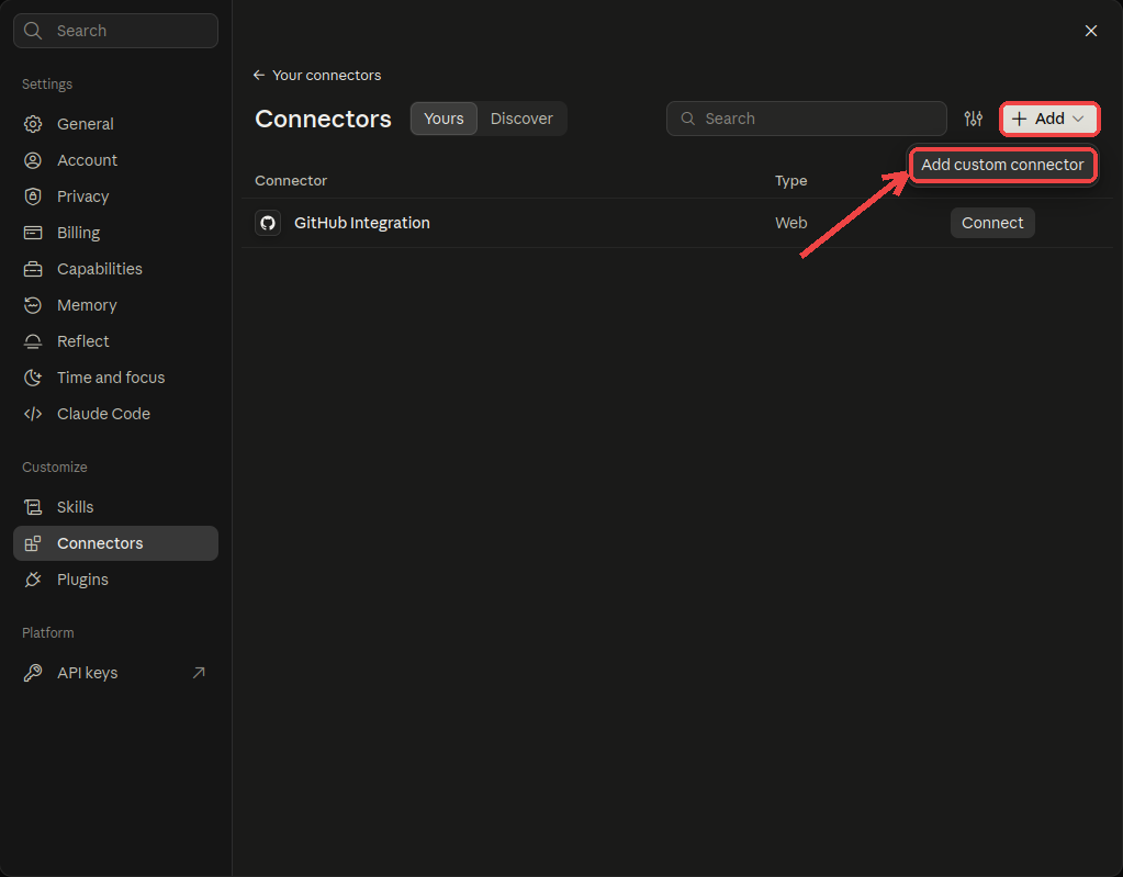 The Add button and the Add custom connector option