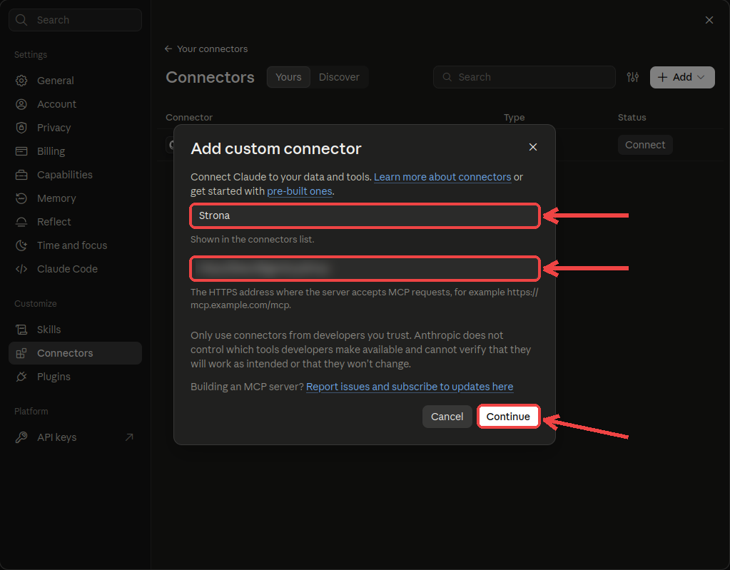 Okno Add custom connector z nazwą i adresem